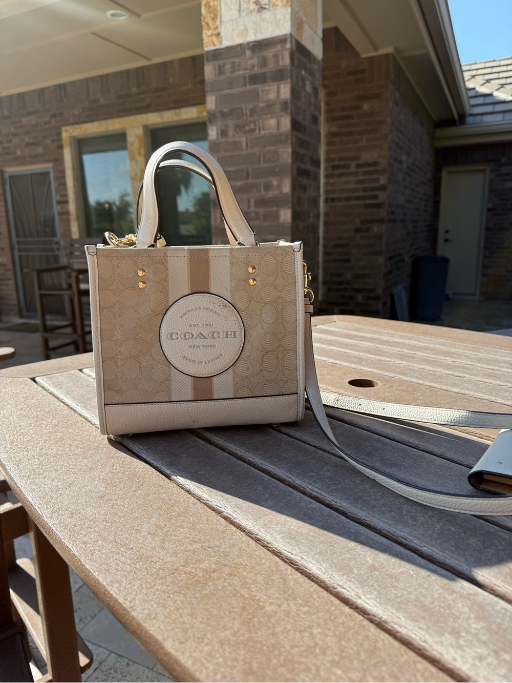 Coach Beige Signature Stripe Small Tote